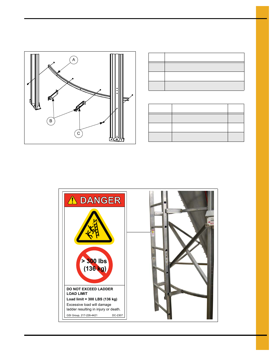 Ladder support detail ladder decal application, Danger, Ladder support detail | Ladder decal application, Optional bft ladder assembly | Grain Systems Tanks PNEG-1460 User Manual | Page 39 / 106