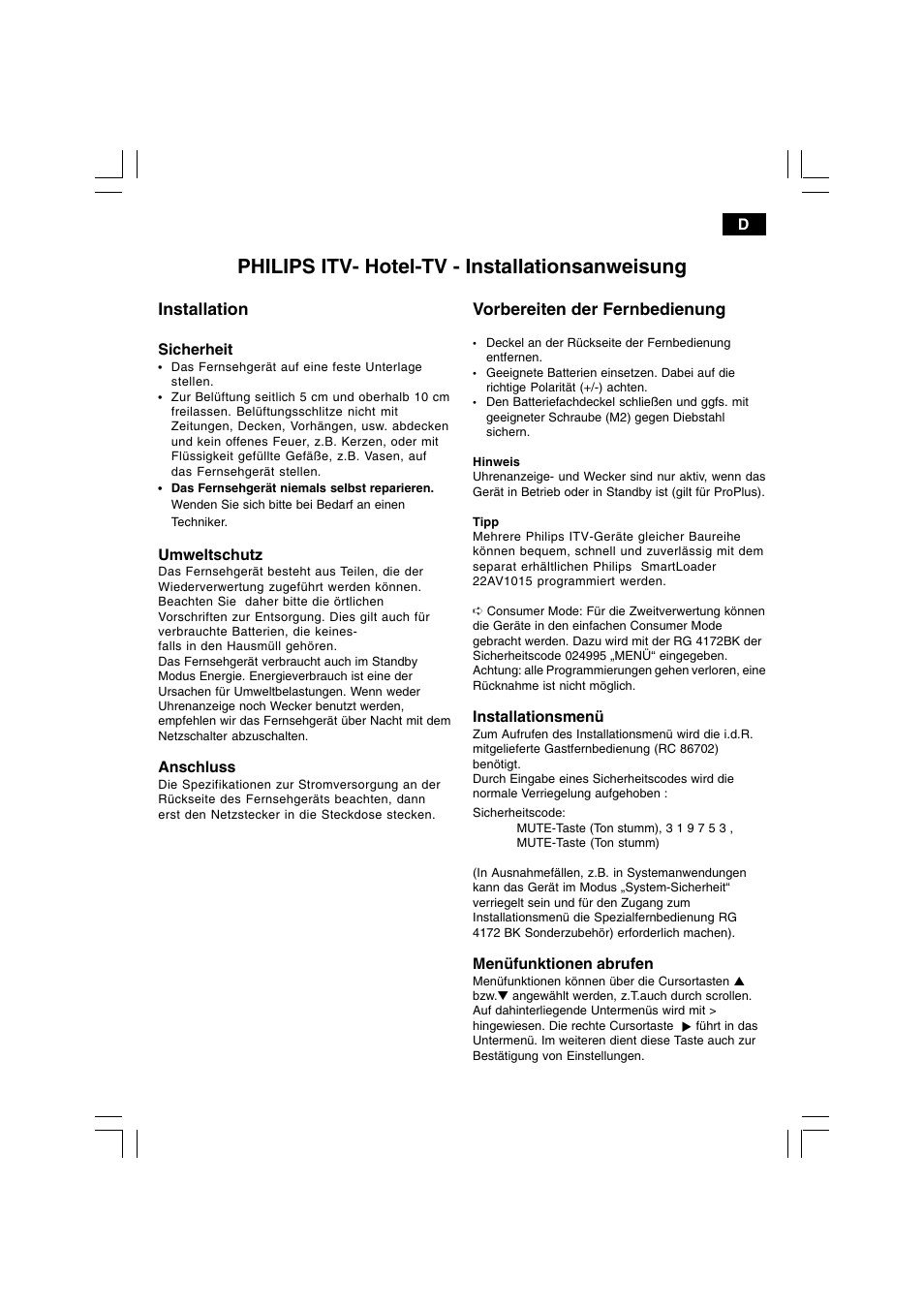 Philips itv- hotel-tv - installationsanweisung, Installation, Vorbereiten der fernbedienung | Philips 21HT5404 User Manual | Page 13 / 64