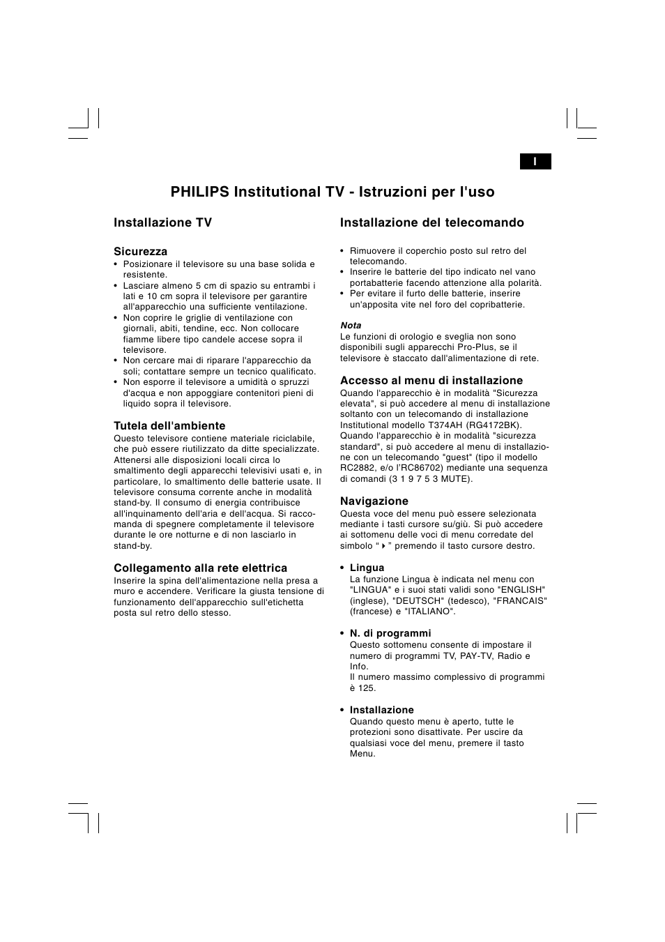 Philips institutional tv - istruzioni per l'uso, Installazione tv, Installazione del telecomando | Philips 21HT5404 User Manual | Page 21 / 64