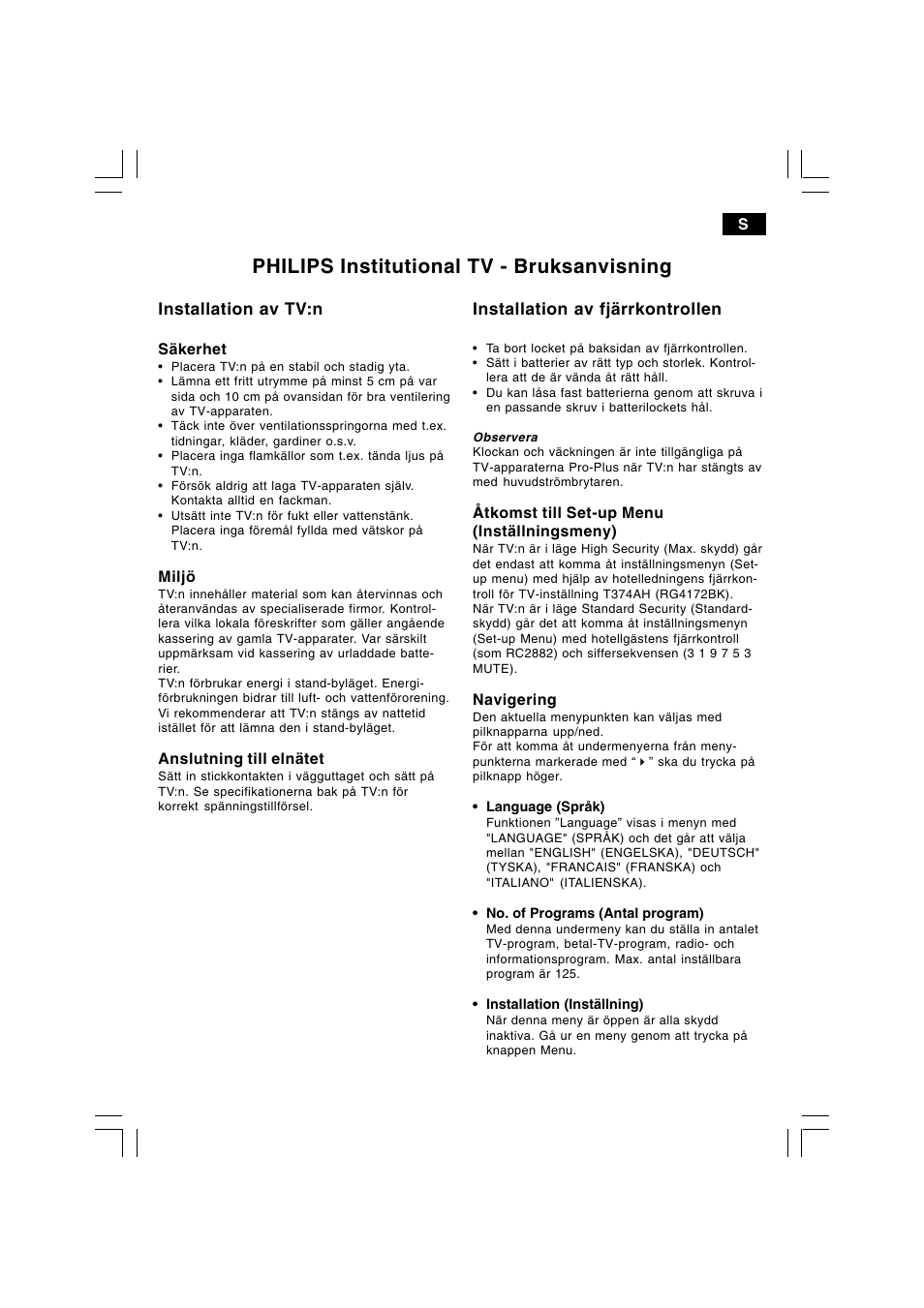 Philips institutional tv - bruksanvisning, Installation av tv:n, Installation av fjärrkontrollen | Philips 21HT5404 User Manual | Page 25 / 64