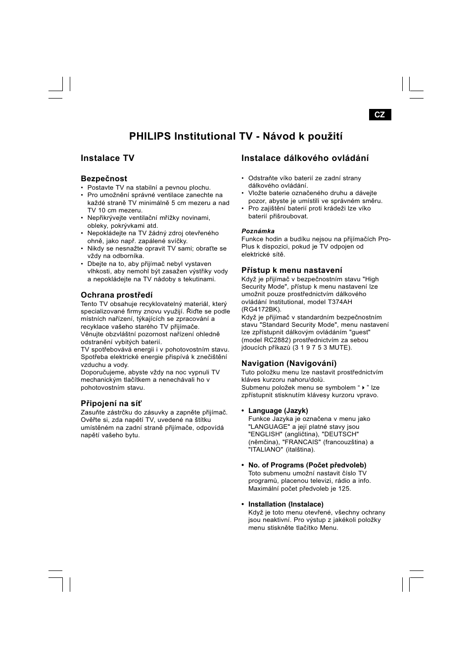 Philips institutional tv - návod k pouití, Instalace tv, Instalace dálkového ovládání | Philips 21HT5404 User Manual | Page 29 / 64