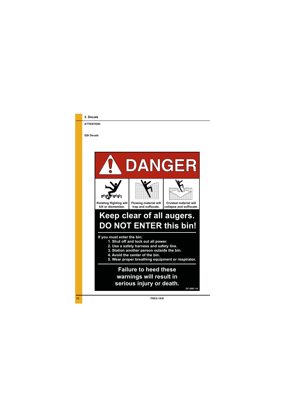 Keep clear of all augers. do not enter this bin | Grain Systems Bin Flooring PNEG-1836 User Manual | Page 12 / 50