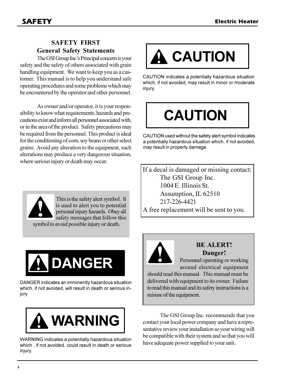 Danger warning caution caution, Safety | Grain Systems PNEG-269 User Manual | Page 4 / 23