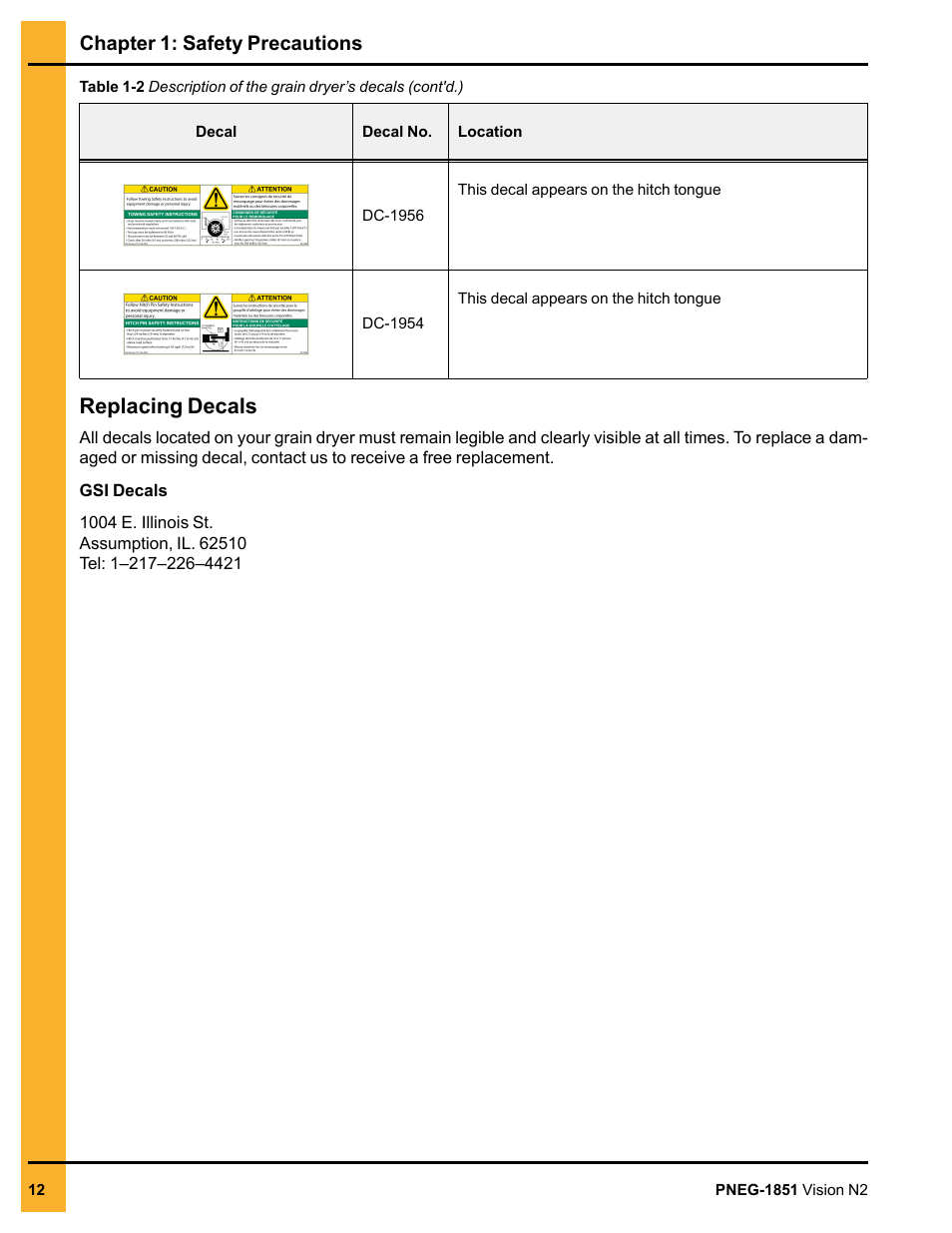 Replacing decals, Chapter 1: safety precautions | Grain Systems PNEG-1851 User Manual | Page 12 / 116