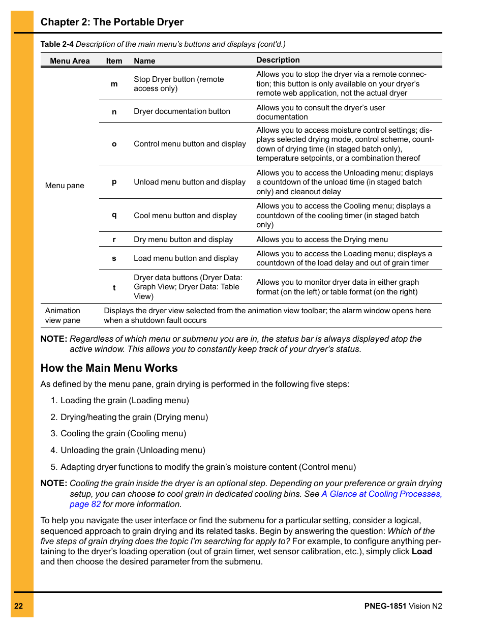 How the main menu works, Chapter 2: the portable dryer | Grain Systems PNEG-1851 User Manual | Page 22 / 116