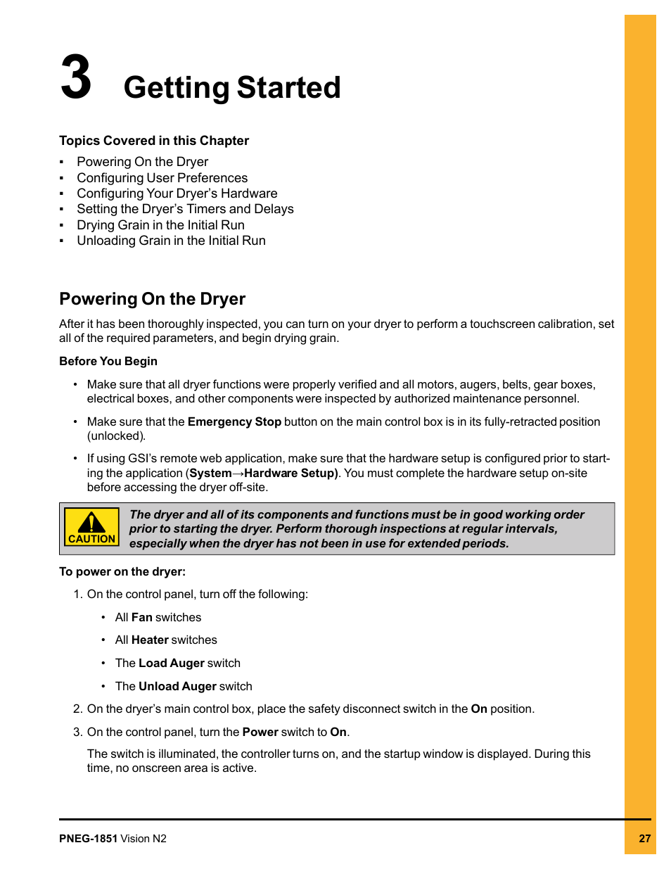 Chapter 3 getting started, Powering on the dryer, Chapter 3 | Getting started powering on the dryer, Getting started | Grain Systems PNEG-1851 User Manual | Page 27 / 116