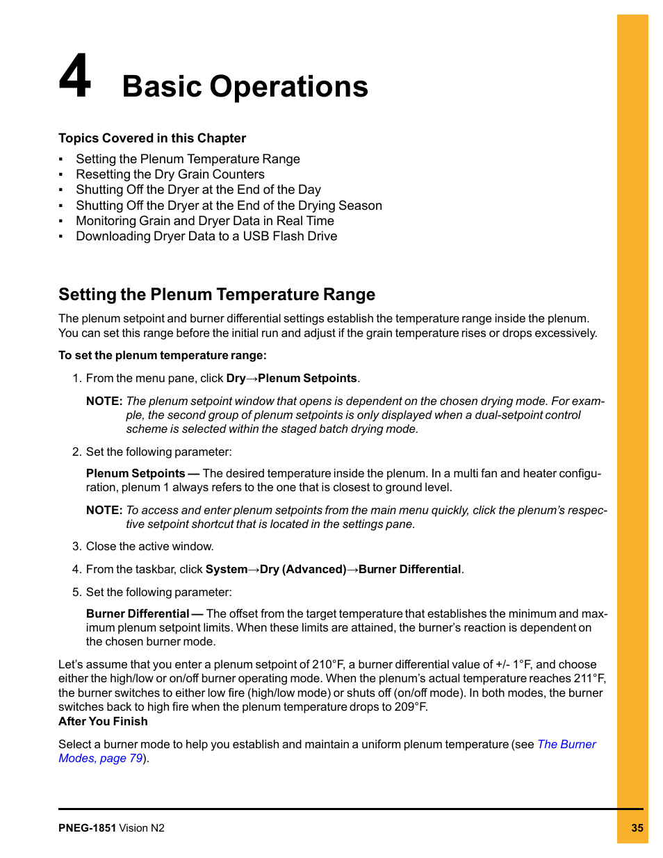 Chapter 4 basic operations, Setting the plenum temperature range, Chapter 4 | Setting the plenum, Basic operations | Grain Systems PNEG-1851 User Manual | Page 35 / 116