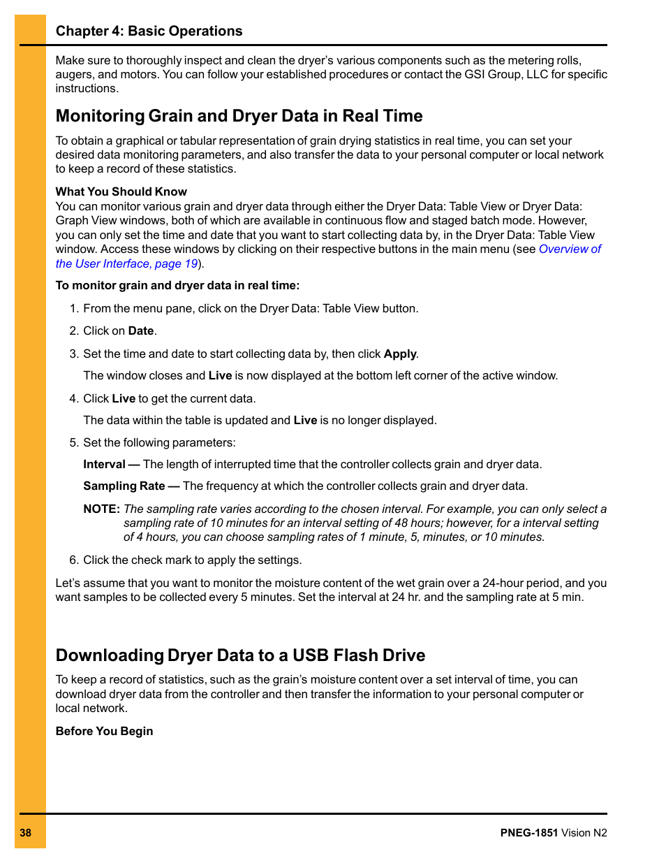 Monitoring grain and dryer data in real time, Downloading dryer data to a usb flash drive | Grain Systems PNEG-1851 User Manual | Page 38 / 116