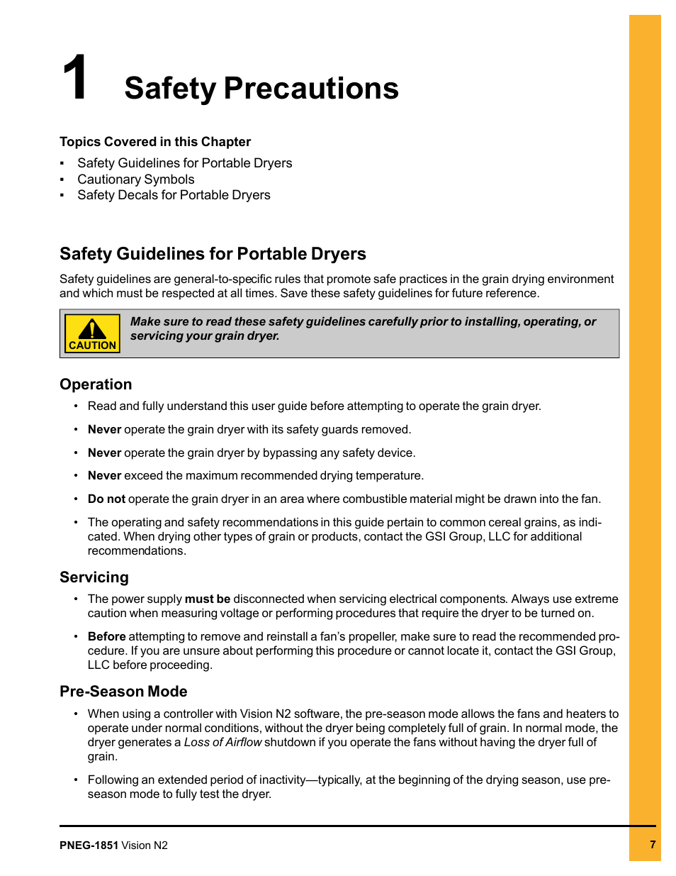 Chapter 1 safety precautions, Safety guidelines for portable dryers, Chapter 1 | Safety precautions | Grain Systems PNEG-1851 User Manual | Page 7 / 116