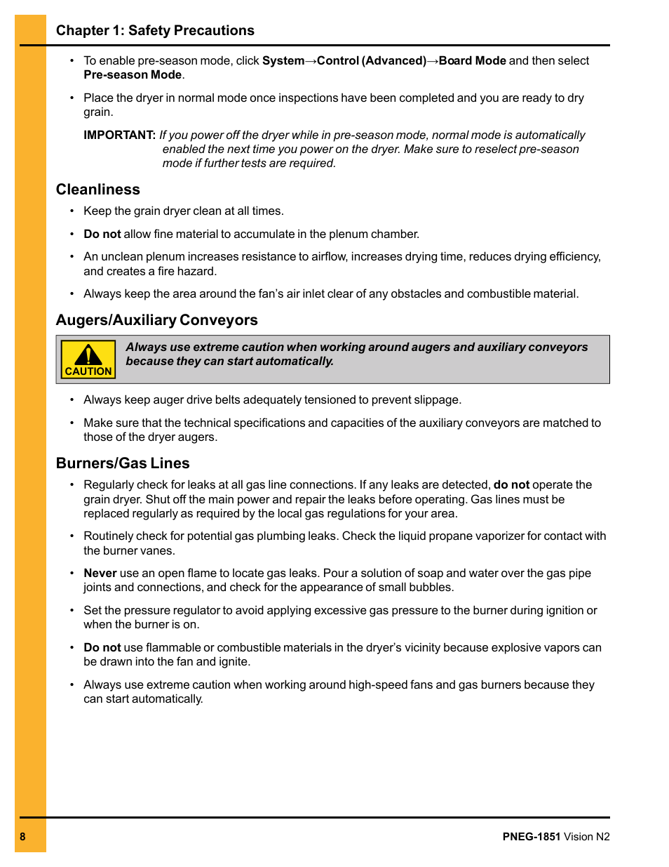 Cleanliness, Augers/auxiliary conveyors, Burners/gas lines | Grain Systems PNEG-1851 User Manual | Page 8 / 116