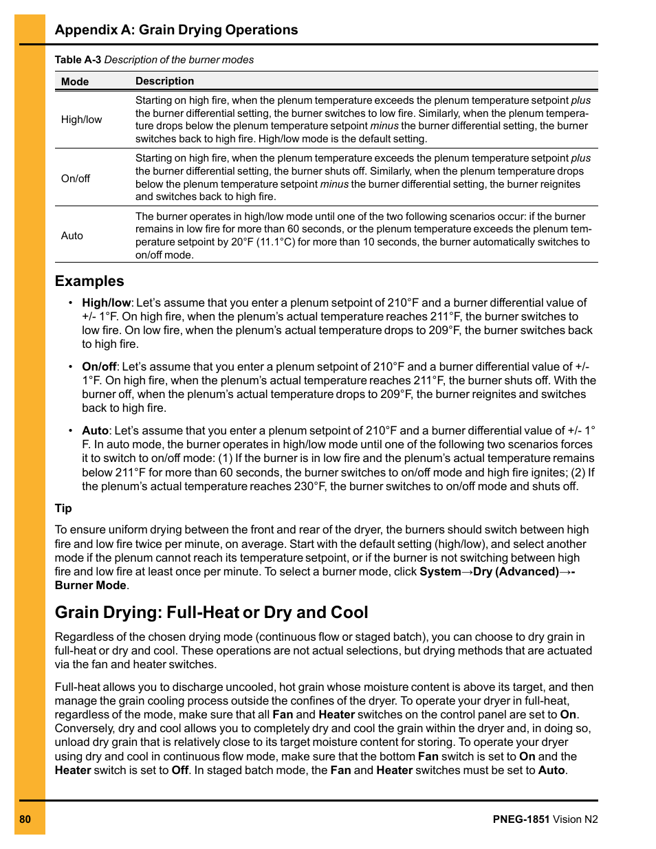 Grain drying: full-heat or dry and cool, Grain drying: full-heat or dry and, Grain | Examples | Grain Systems PNEG-1851 User Manual | Page 80 / 116