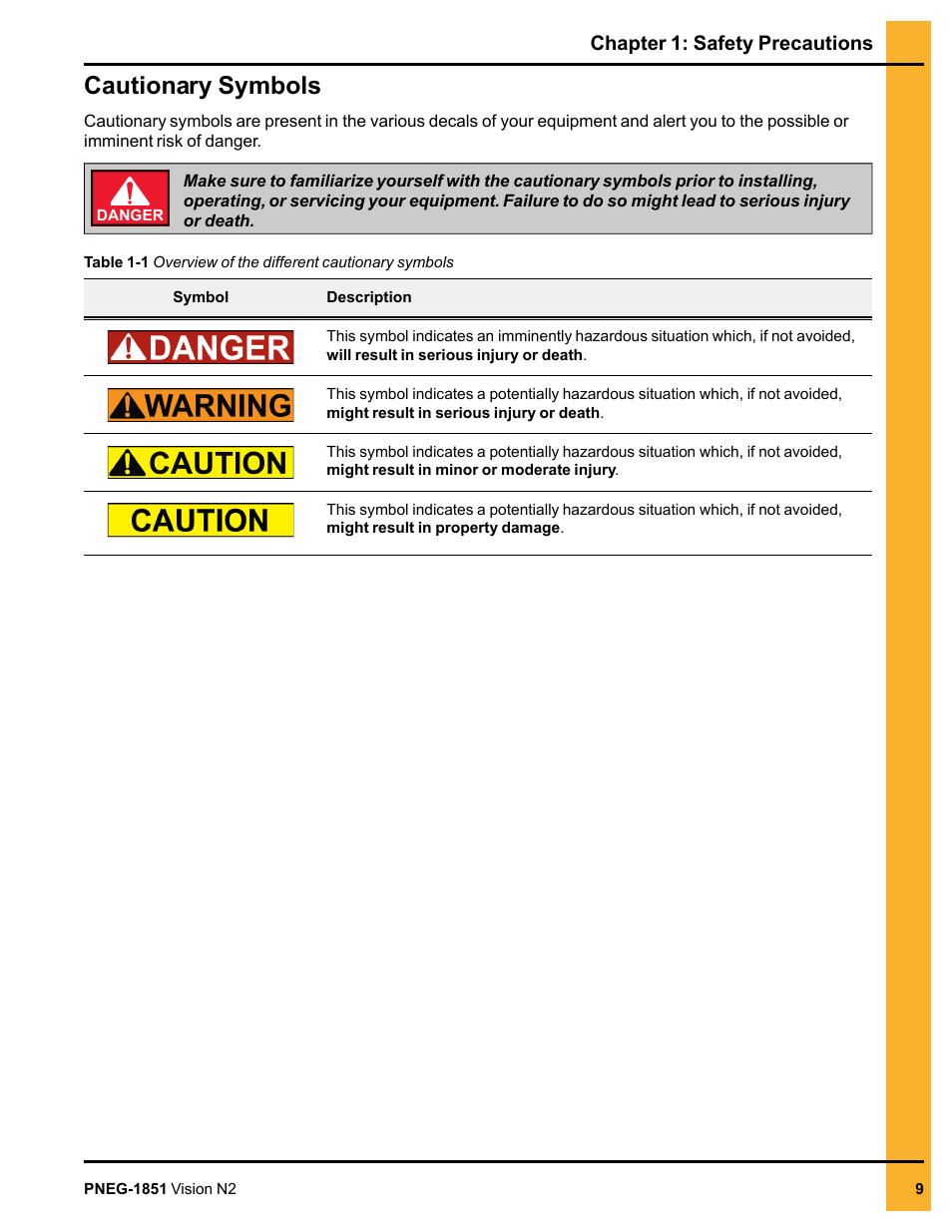 Cautionary symbols, Chapter 1: safety precautions | Grain Systems PNEG-1851 User Manual | Page 9 / 116