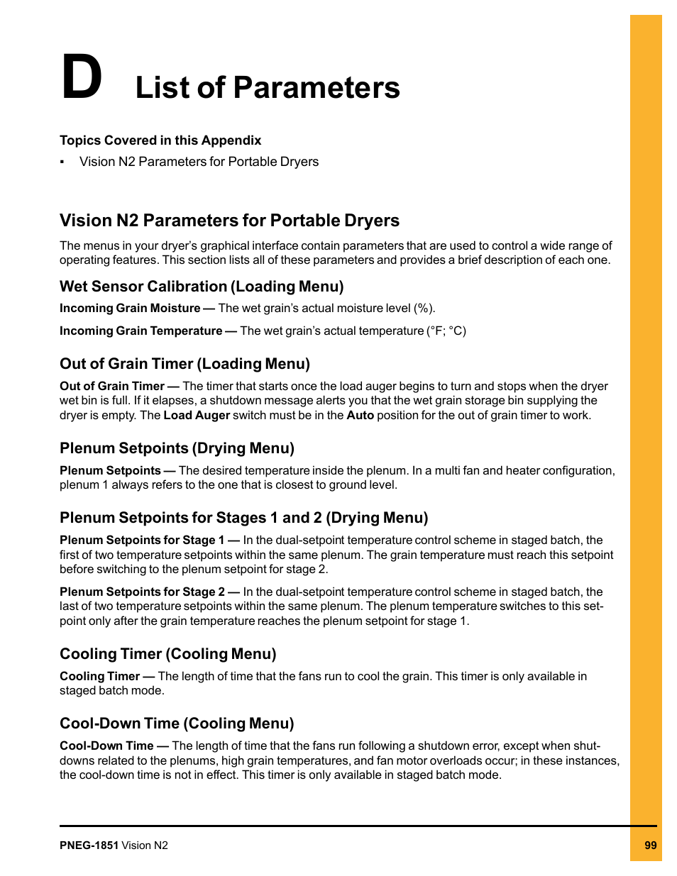 Appendix d list of parameters, Vision n2 parameters for portable dryers, List of parameters | Grain Systems PNEG-1851 User Manual | Page 99 / 116