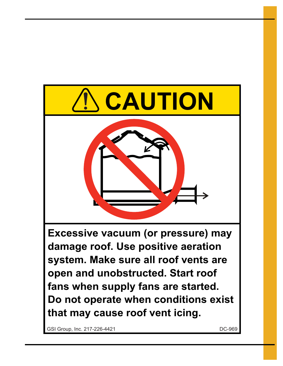 Safety decals, Chapter 3 safety decals, Roof damage warning and disclaimer | Caution | Grain Systems Tanks PNEG-1000 User Manual | Page 13 / 94