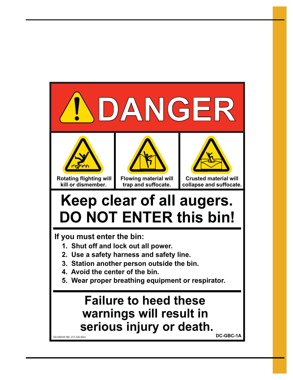 Danger, Keep clear of all augers. do not enter this bin | Grain Systems Tanks PNEG-805 User Manual | Page 13 / 74