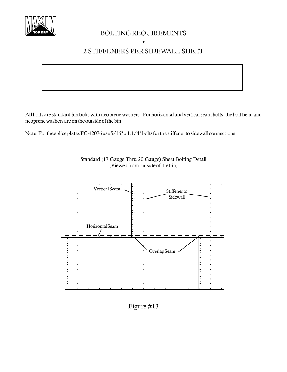 Figure #13, Bolting requirements, 2 stiffeners per sidewall sheet | Grain Systems PNEG-365 User Manual | Page 15 / 50