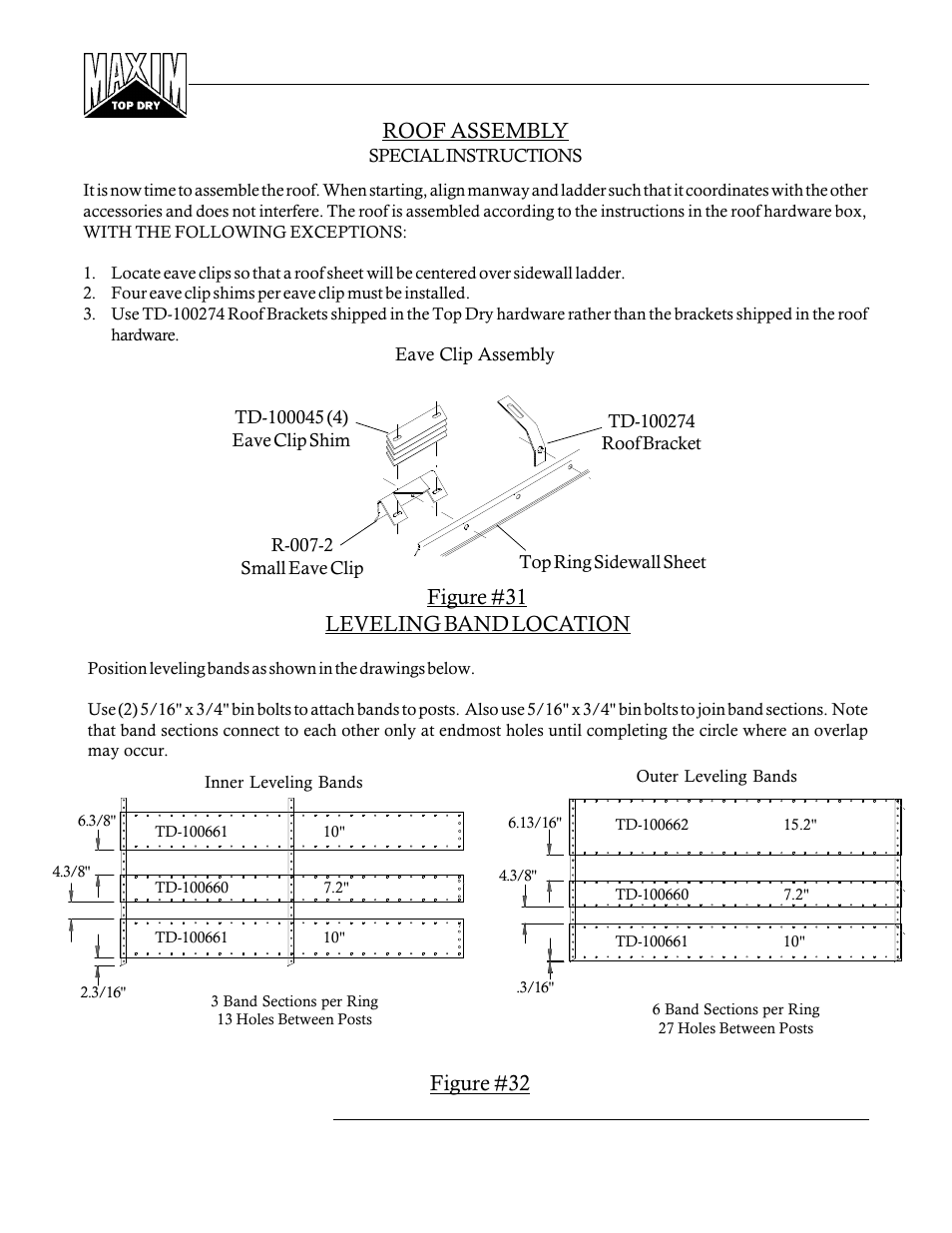 Figure #32, Leveling band location, Roof assembly | Figure #31 | Grain Systems PNEG-365 User Manual | Page 28 / 50