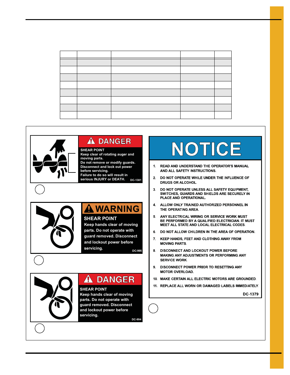 E shown, Warning, Safety decals | Grain Systems Unload Augers PNEG-1079 User Manual | Page 9 / 46