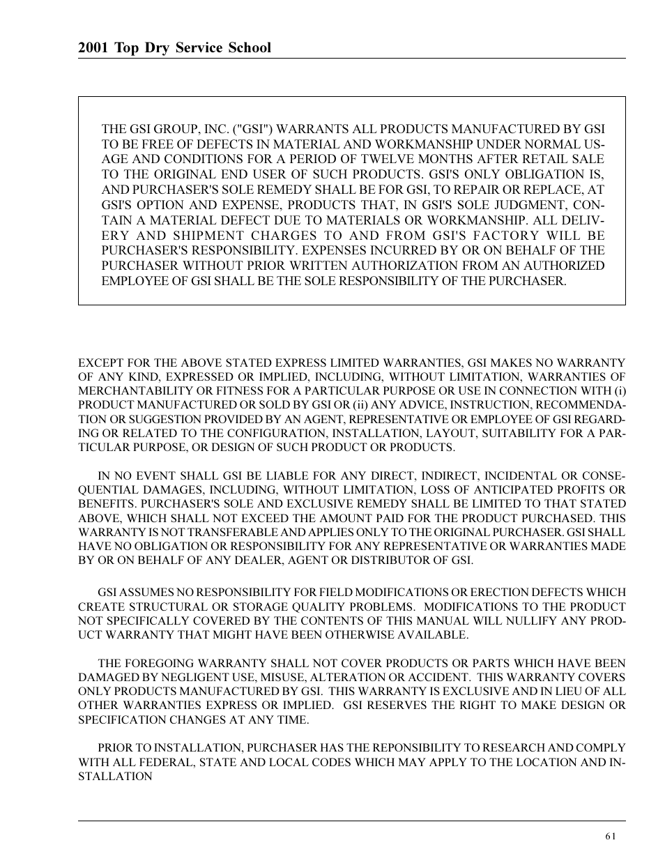 Warranty, 2001 top dry service school | Grain Systems PNEG-1135 User Manual | Page 61 / 62