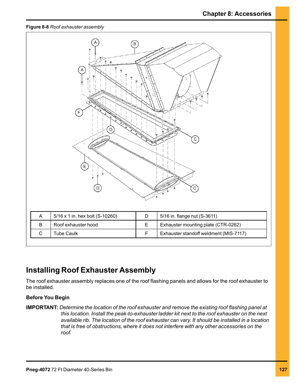Installing roof exhauster assembly, Chapter 8: accessories | Grain Systems Tanks PNEG-4072 User Manual | Page 127 / 160