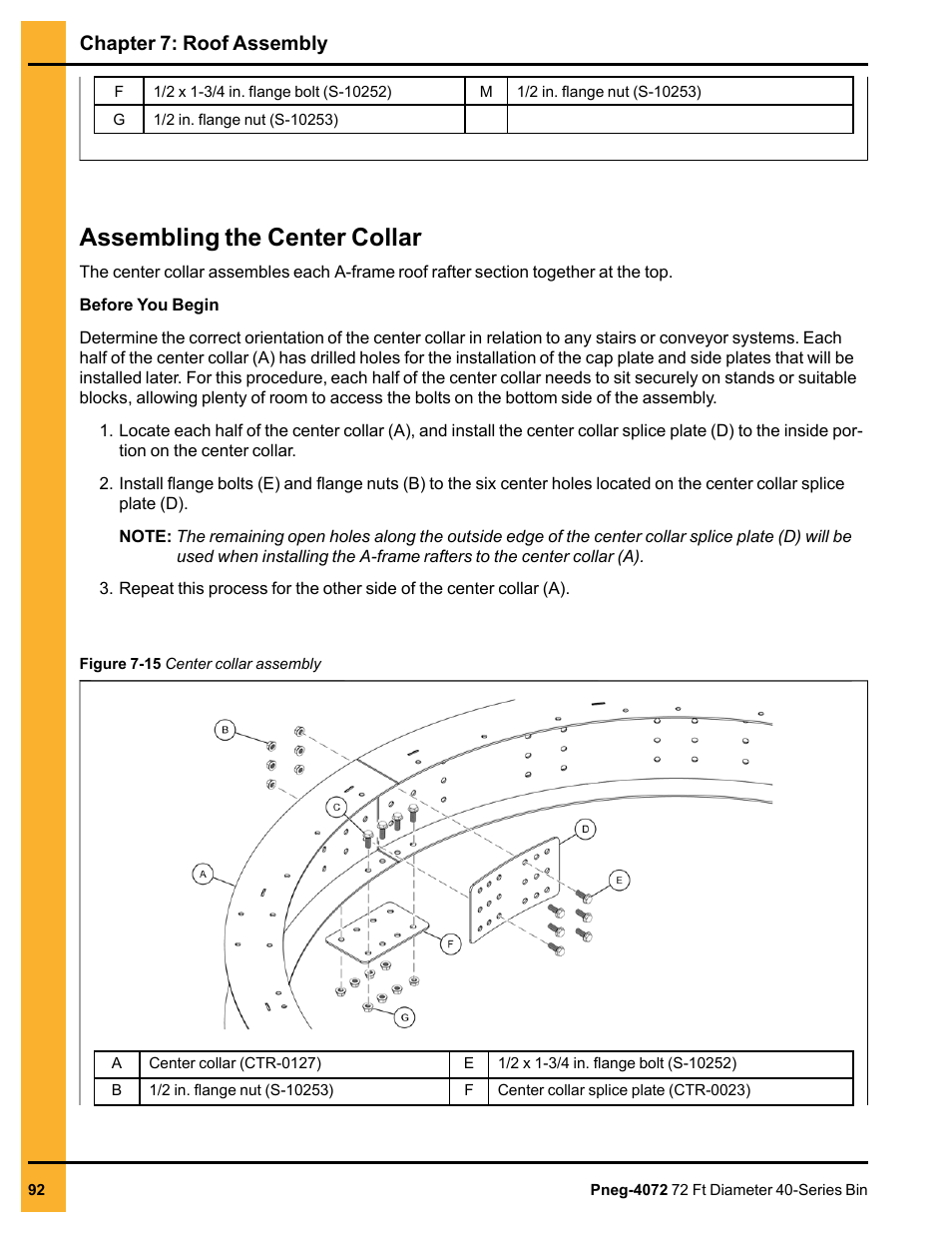 Assembling the center collar, Chapter 7: roof assembly | Grain Systems Tanks PNEG-4072 User Manual | Page 92 / 160