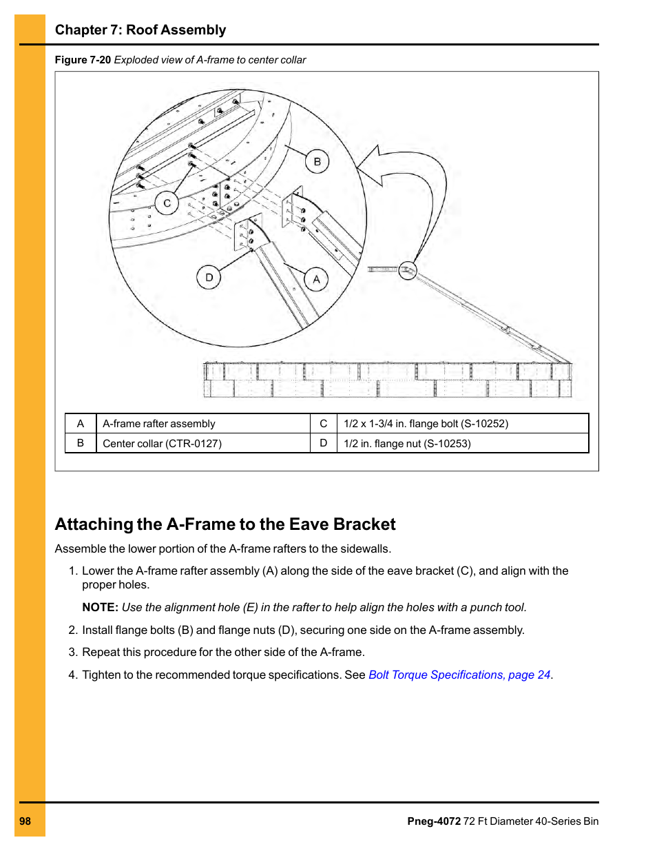 Attaching the a-frame to the eave bracket, Chapter 7: roof assembly | Grain Systems Tanks PNEG-4072 User Manual | Page 98 / 160