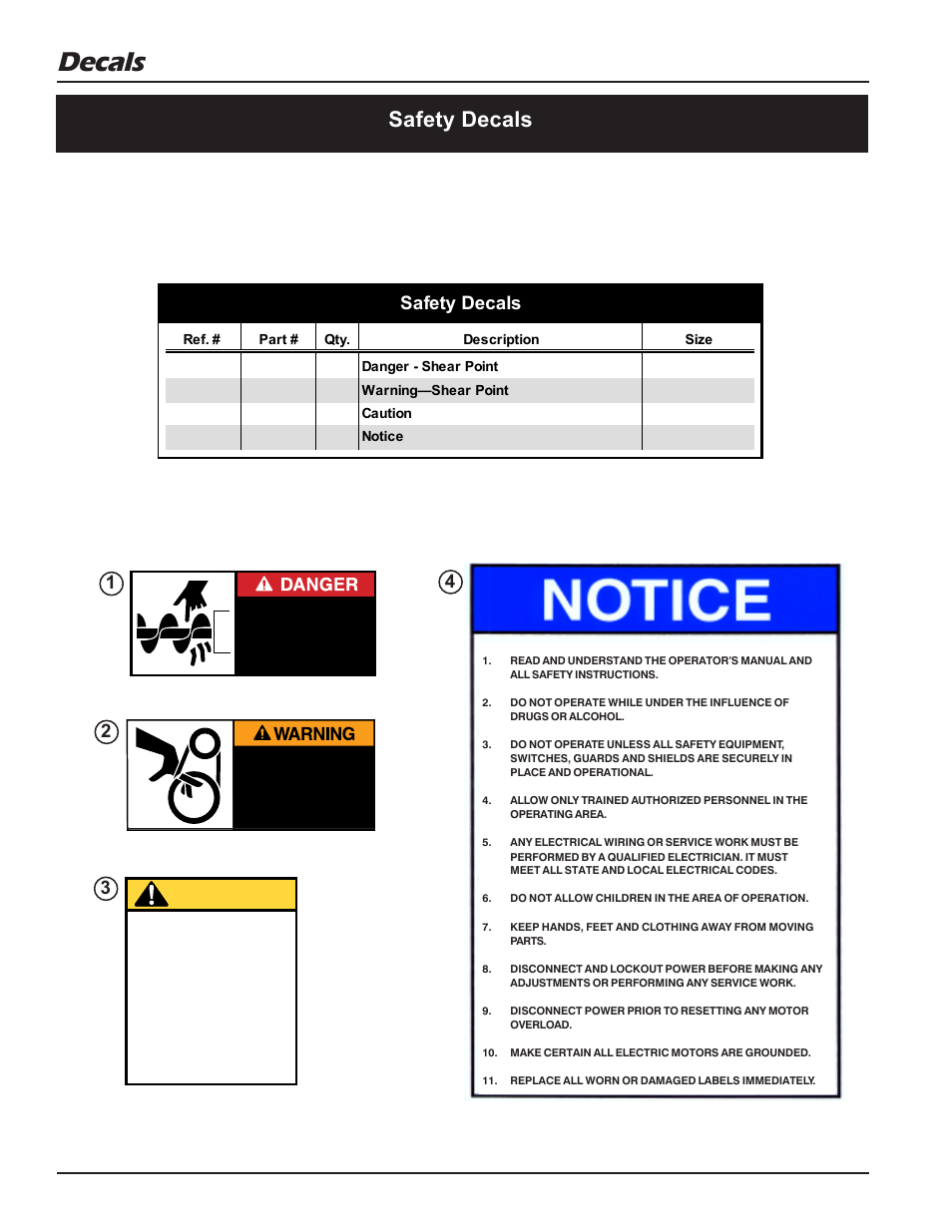 Decals, Caution, Safety decals | Grain Systems Unload Augers PNEG-1057 User Manual | Page 10 / 34