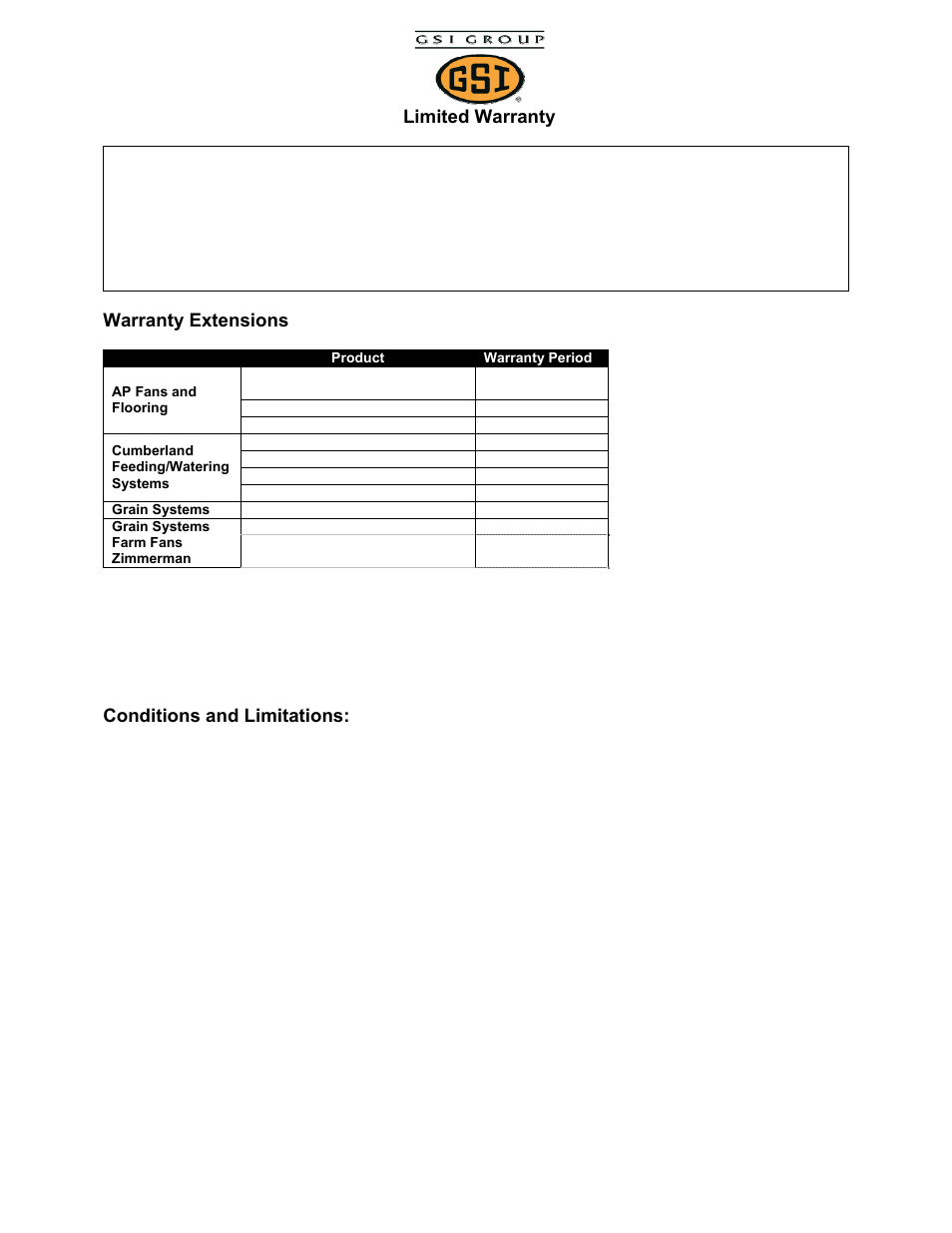 Limited warranty, Warranty extensions, Conditions and limitations | Grain Systems Unload Augers PNEG-1057 User Manual | Page 33 / 34