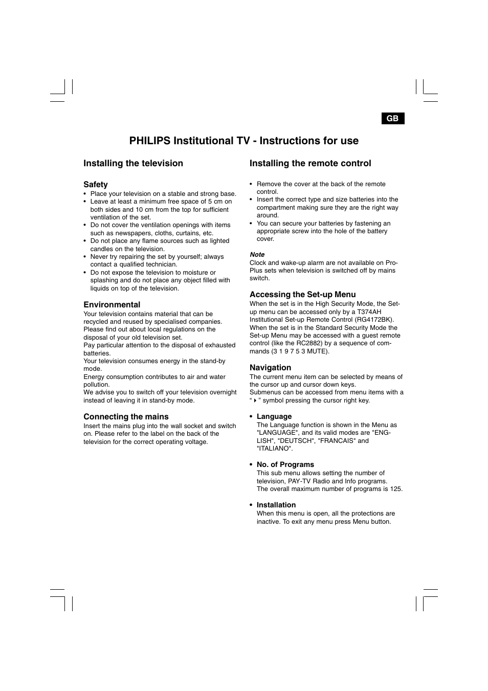 Philips institutional tv - instructions for use, Installing the television, Installing the remote control | Philips 21HT3504 User Manual | Page 2 / 63