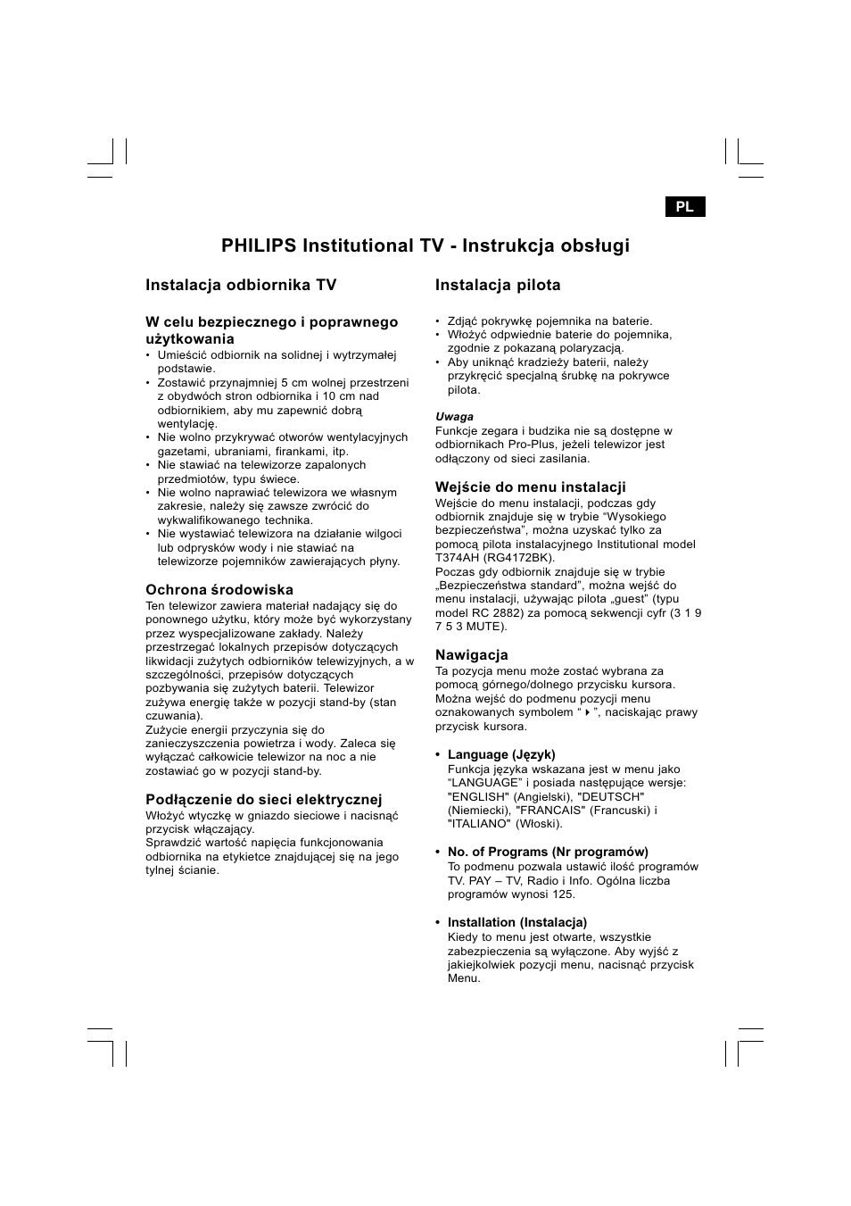 Philips institutional tv - instrukcja obs³ugi, Instalacja odbiornika tv, Instalacja pilota | Philips 21HT3504 User Manual | Page 42 / 63