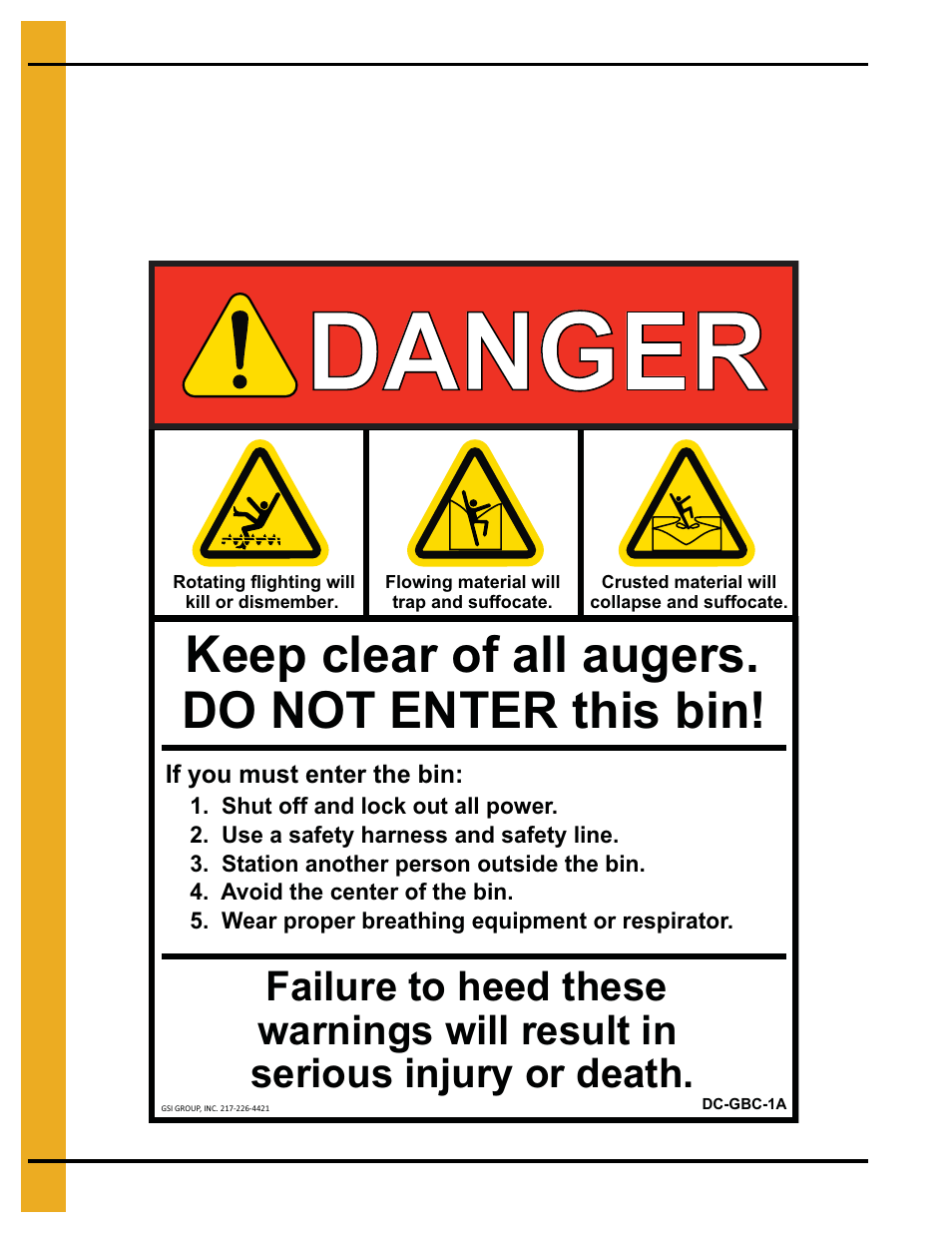 Danger, Keep clear of all augers. do not enter this bin | Grain Systems Bin Accessories PNEG-1785 User Manual | Page 12 / 68