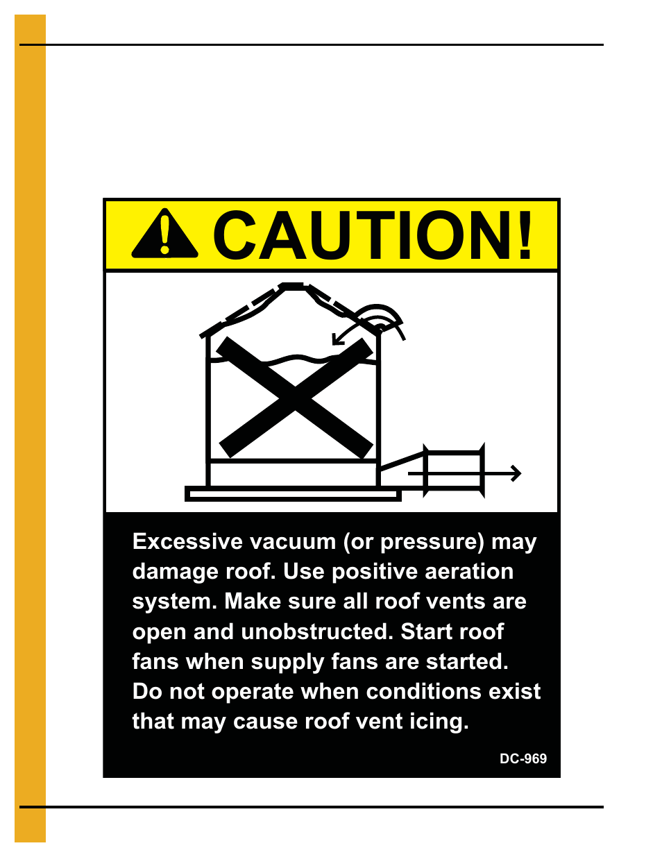 Safety decals, Chapter 3 safety decals, Roof damage warning and disclaimer | Caution | Grain Systems Bin Accessories PNEG-1655 User Manual | Page 10 / 36