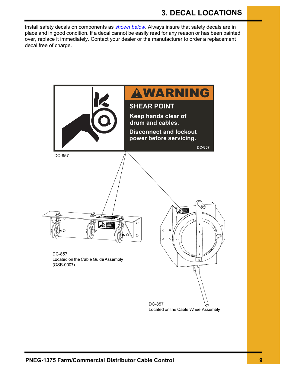 Decal locations, Chapter 3 decal locations, Warning | Grain Systems Bucket Elevtors, Conveyors, Series II Sweeps PNEG-1375 User Manual | Page 9 / 24