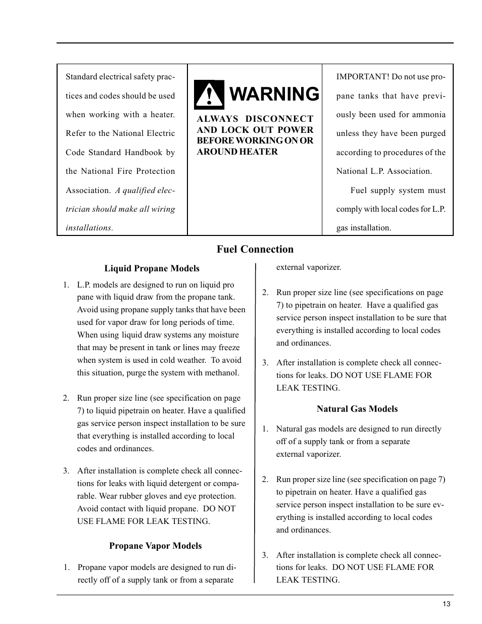 Warning, Heater installation | Grain Systems PNEG-824 User Manual | Page 13 / 34