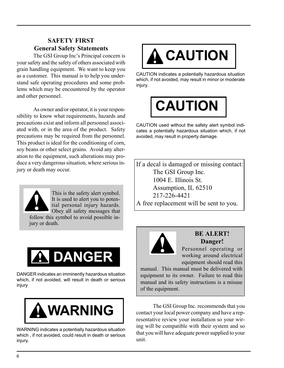 Caution, Caution warning danger | Grain Systems PNEG-824 User Manual | Page 6 / 34
