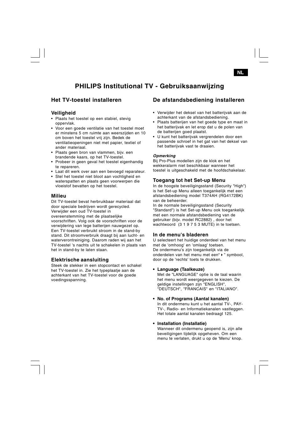 Philips institutional tv - gebruiksaanwijzing, Het tv-toestel installeren, De afstandsbediening installeren | Philips 25HT5405 User Manual | Page 35 / 64