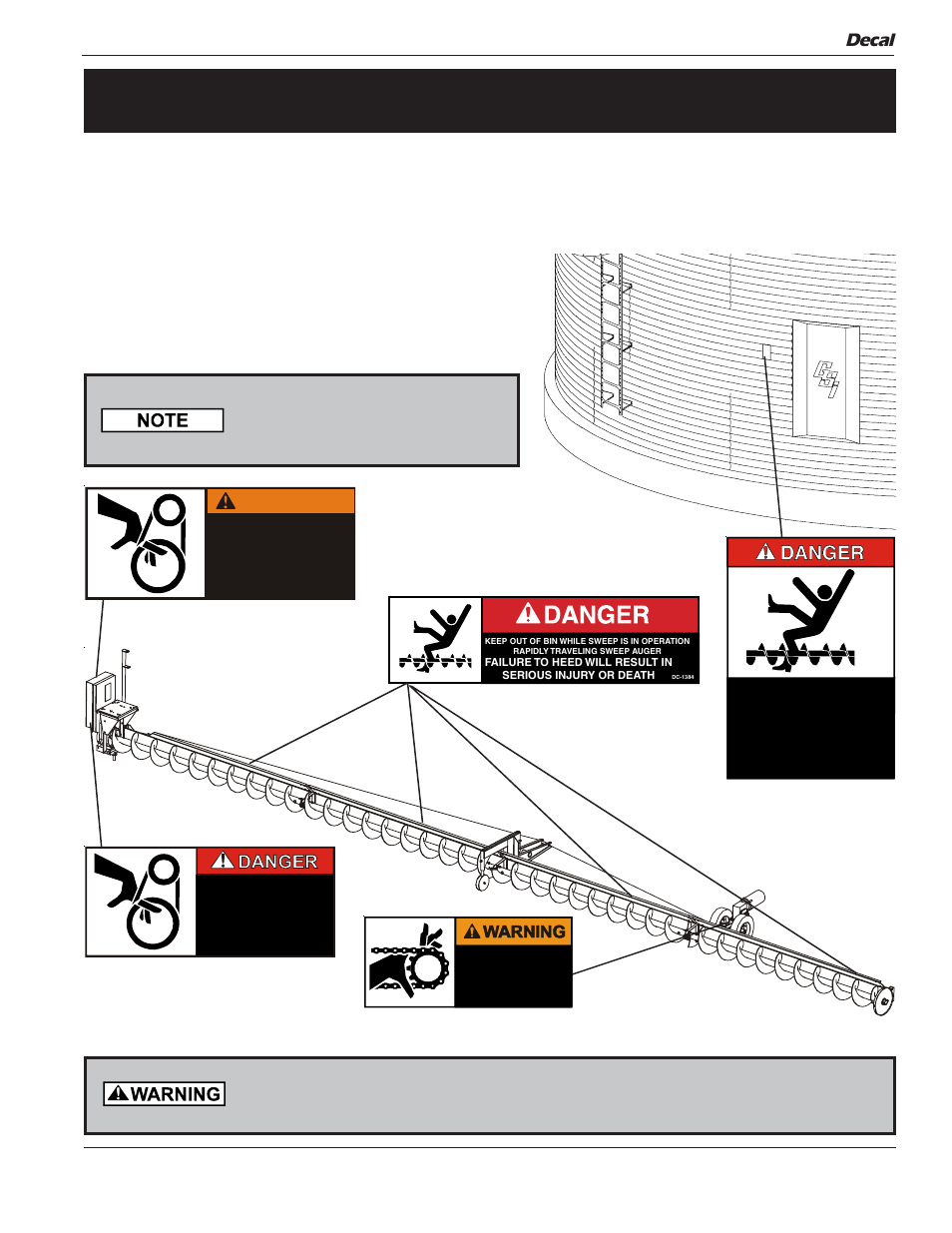 Safety decals, Warning, Decal | Grain Systems Unload Augers PNEG-1050 User Manual | Page 13 / 44