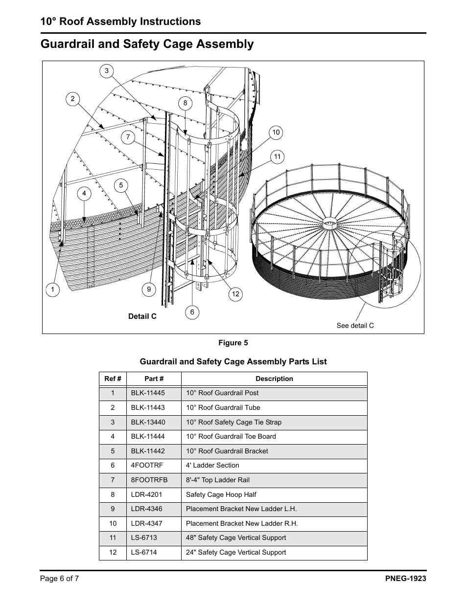 Guardrail and safety cage assembly, 10° roof assembly instructions | Grain Systems Tanks PNEG-1923 User Manual | Page 6 / 7