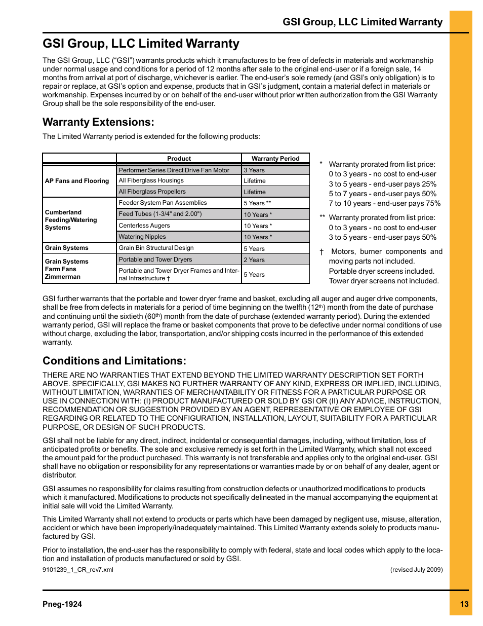 Warranty extensions, Conditions and limitations, Gsi group, llc limited warranty | Grain Systems Bin Accessories PNEG-1924 User Manual | Page 13 / 14