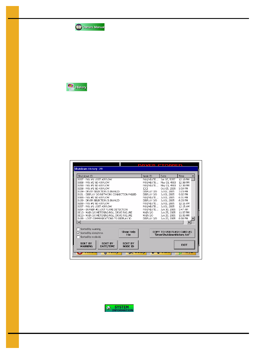 Owner’s manual error history system information | Grain Systems PNEG-1743 User Manual | Page 32 / 50