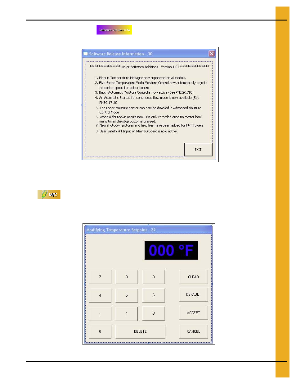 Software version info, M/c button, Modifying temperature setpoint | Grain Systems PNEG-1743 User Manual | Page 33 / 50