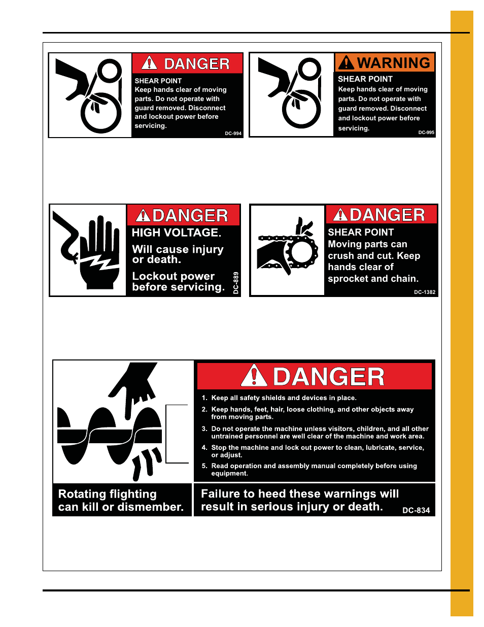 Warning, Safety decals | Grain Systems Bucket Elevtors, Conveyors, Series II Sweeps PNEG-751-G2 User Manual | Page 15 / 104