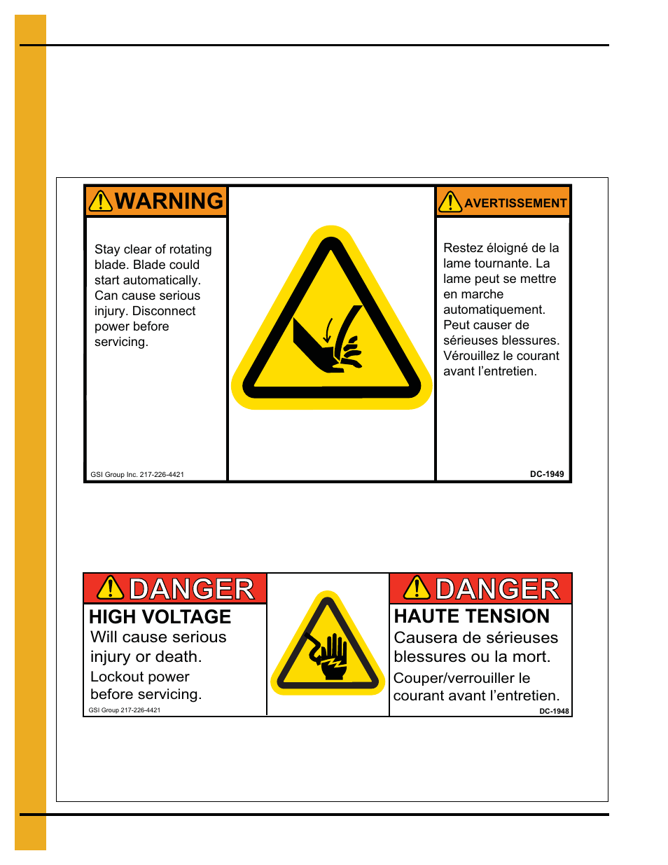 Safety decals, Chapter 2 safety decals, Danger | Warning, High voltage, Haute tension | Grain Systems PNEG-163-08 User Manual | Page 10 / 78