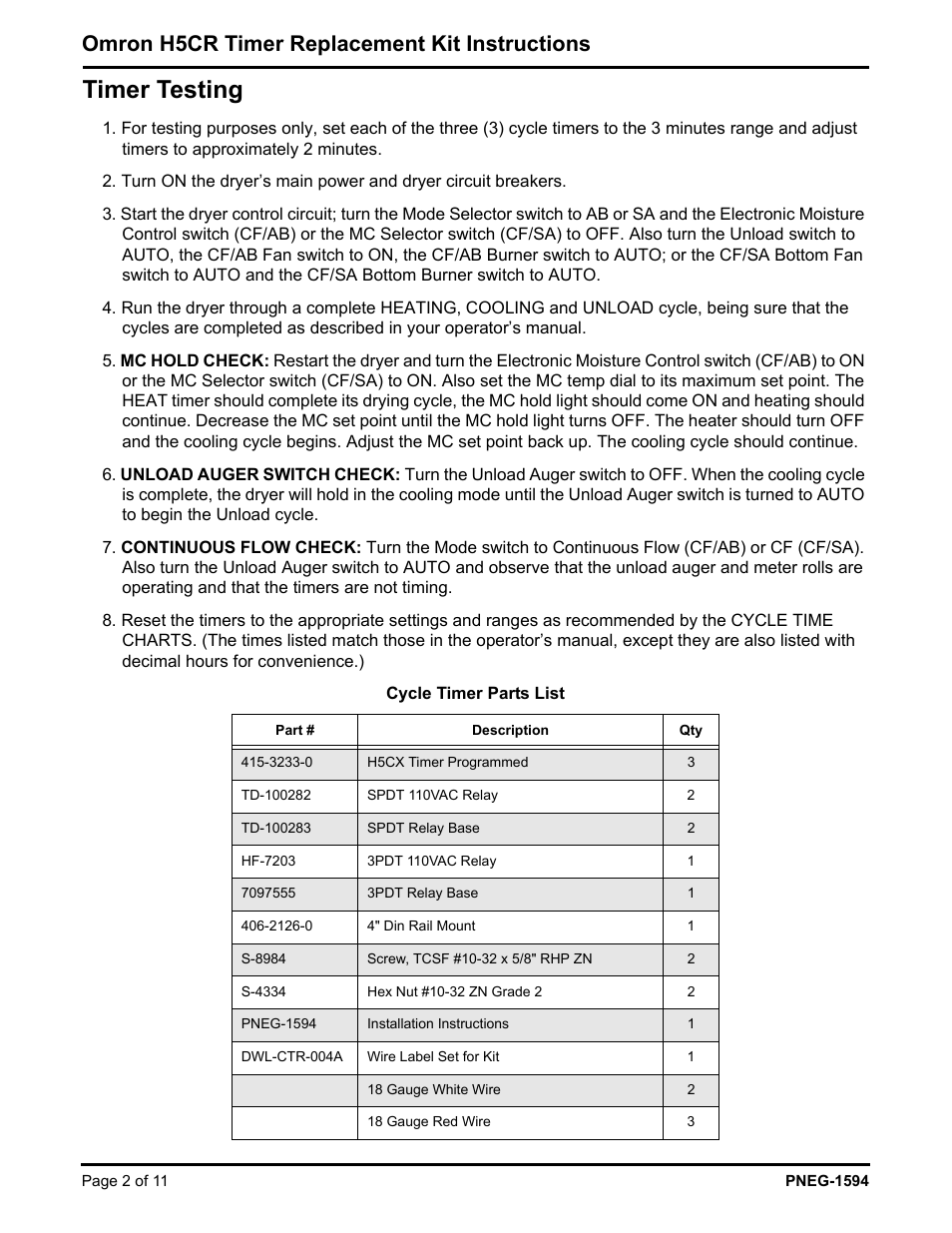 Timer testing, Omron h5cr timer replacement kit instructions | Grain Systems PNEG-1594 User Manual | Page 2 / 11