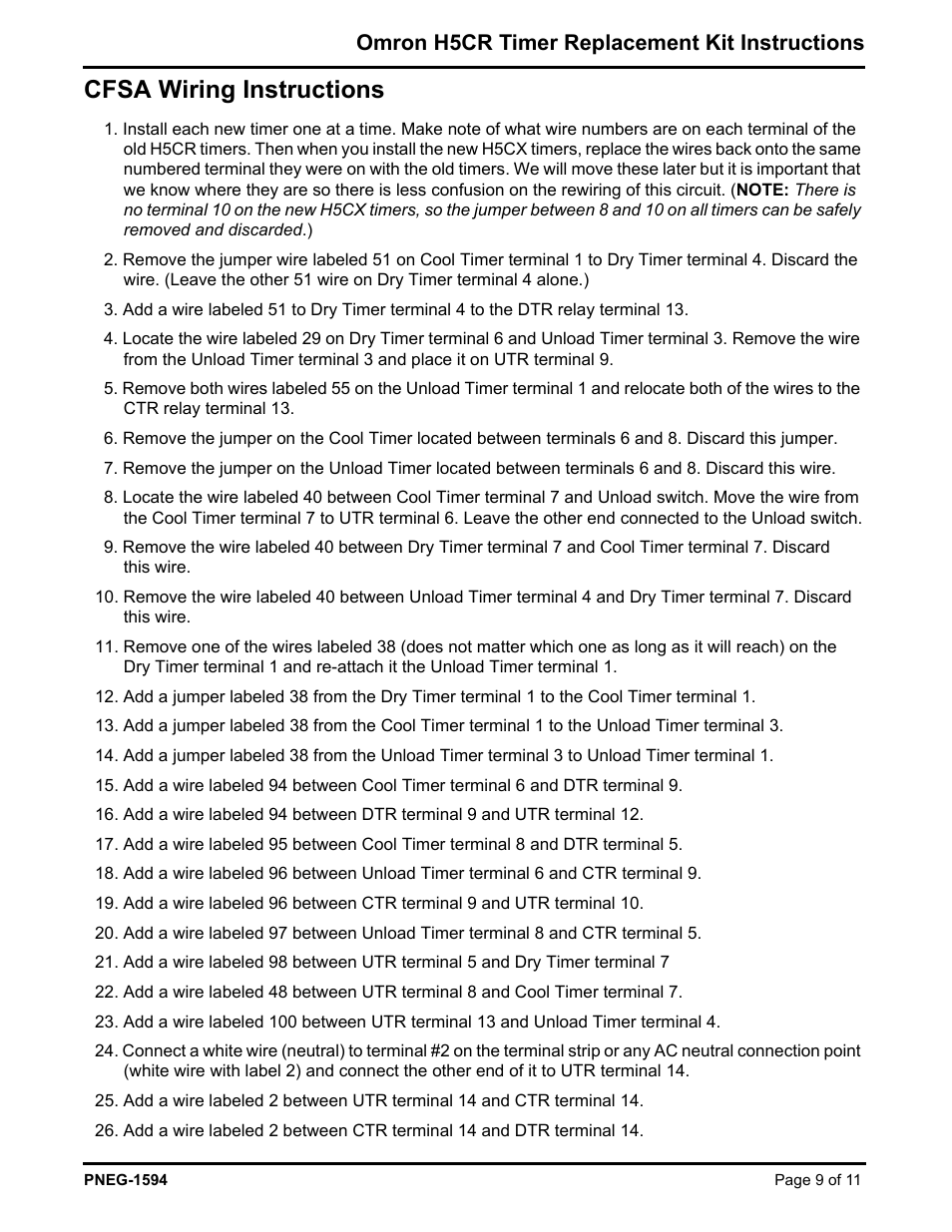 Cfsa wiring instructions, Omron h5cr timer replacement kit instructions | Grain Systems PNEG-1594 User Manual | Page 9 / 11