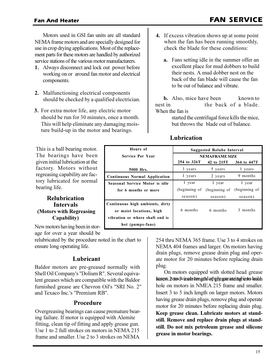 Fan service, Lubrication, Relubrication intervals | Lubricant, Procedure | Grain Systems PNEG-377 User Manual | Page 15 / 98