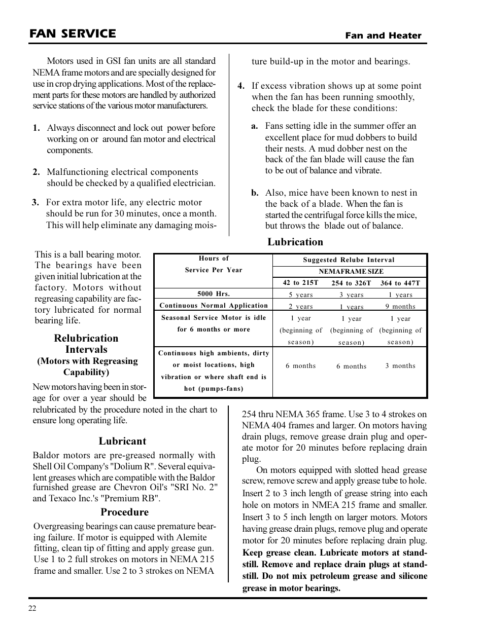 Fan service, Lubrication, Relubrication intervals | Lubricant, Procedure | Grain Systems PNEG-377 User Manual | Page 22 / 98