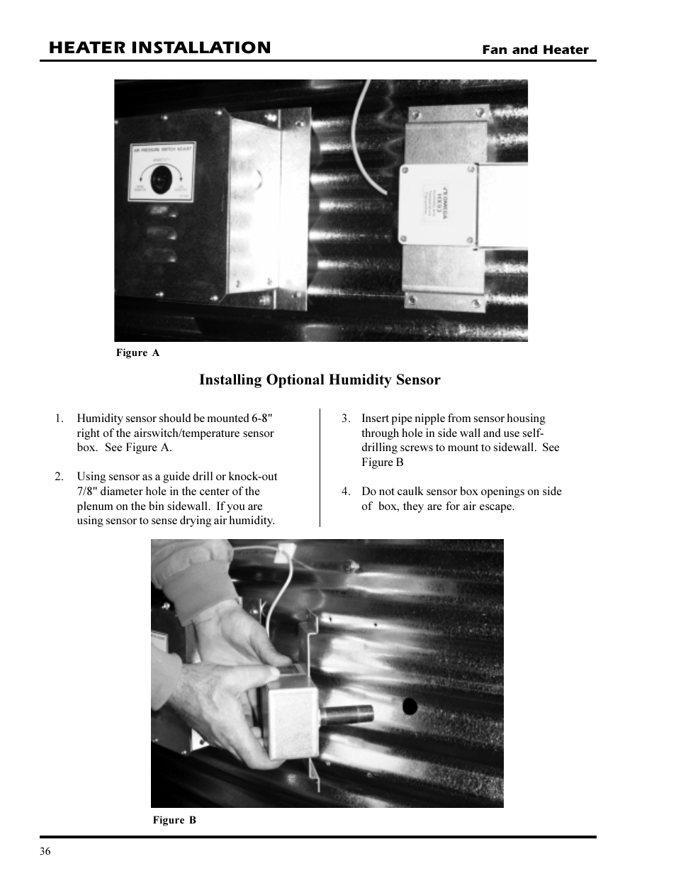 Heater installation, Installing optional humidity sensor | Grain Systems PNEG-377 User Manual | Page 36 / 98