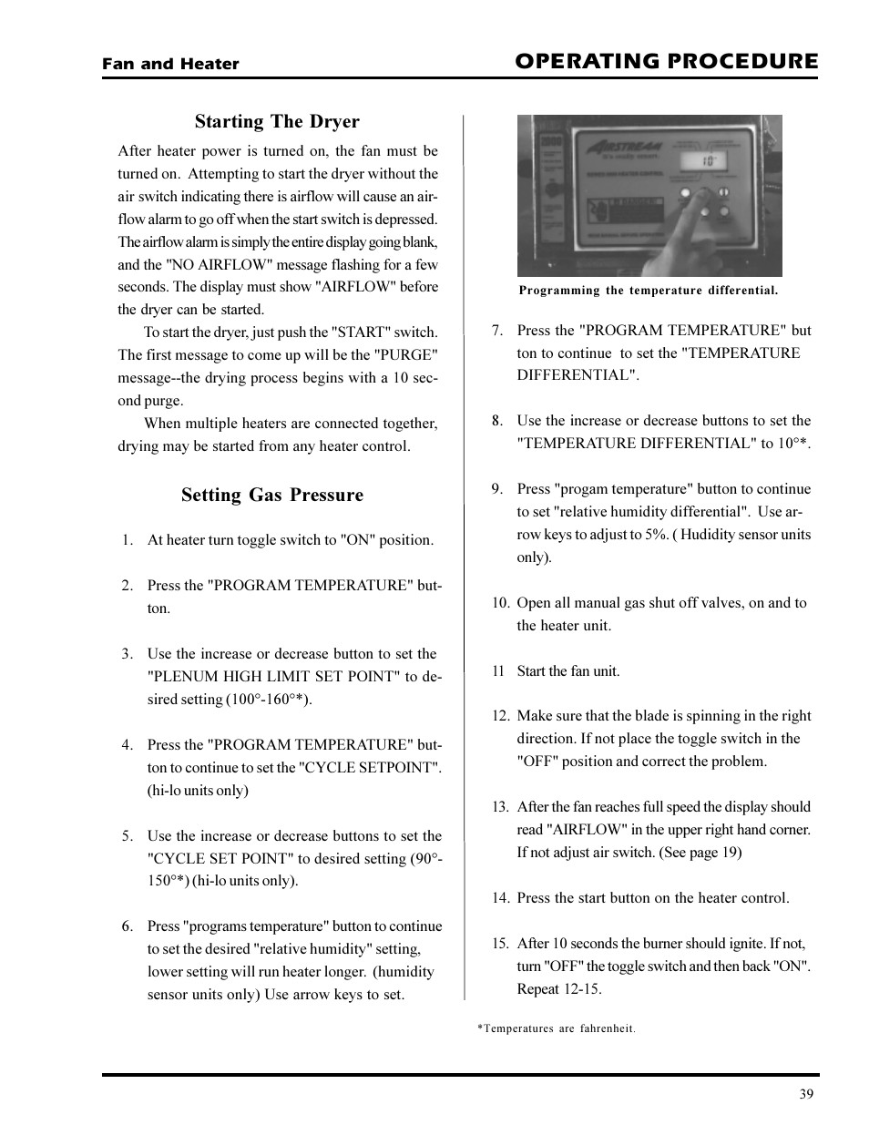 Operating procedure, Setting gas pressure starting the dryer | Grain Systems PNEG-377 User Manual | Page 39 / 98