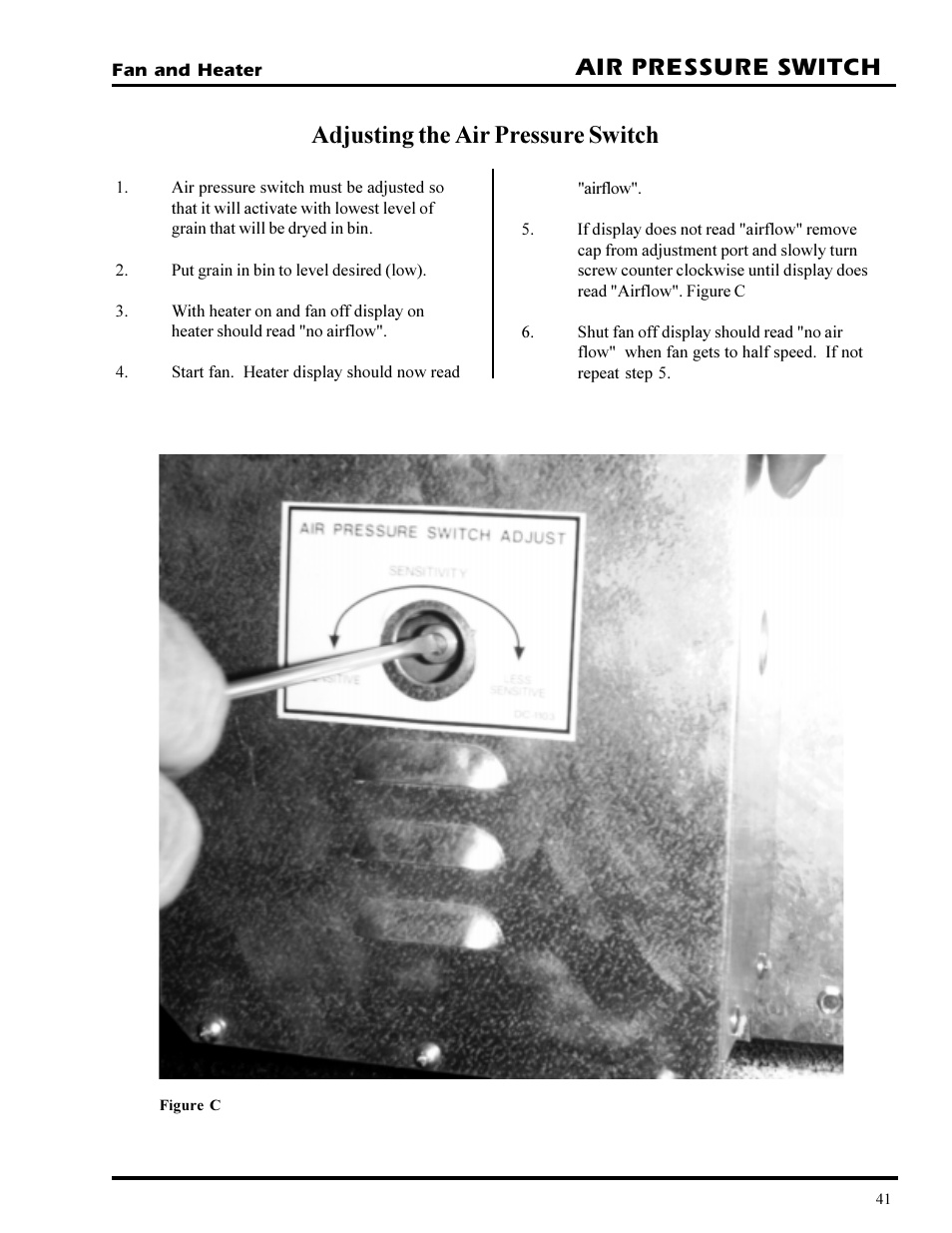 Adjusting the air pressure switch, Air pressure switch | Grain Systems PNEG-377 User Manual | Page 41 / 98